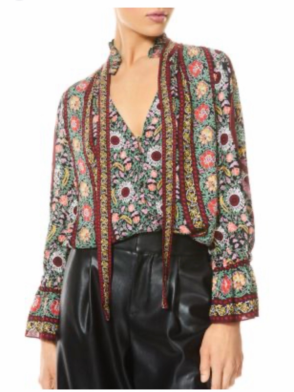 NWT! Alice + Olivia Black Floral Print Top with Green & Red Motif
